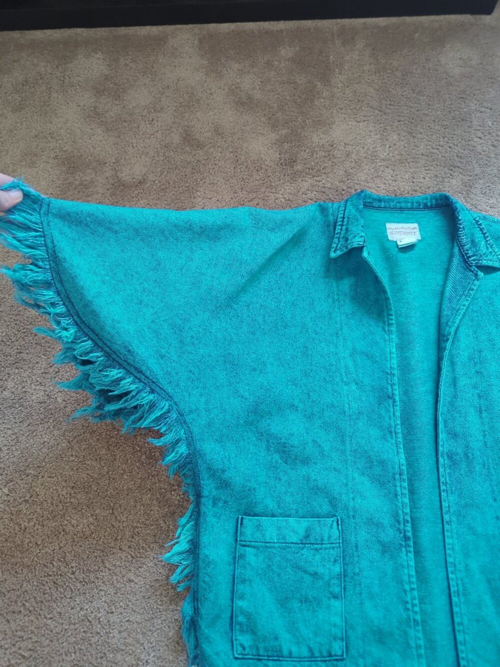Vintage Sundance Denim Wear Teal Acid Wash Fringe Poncho Cape Jacket S USA Boho - Picture 4 of 13